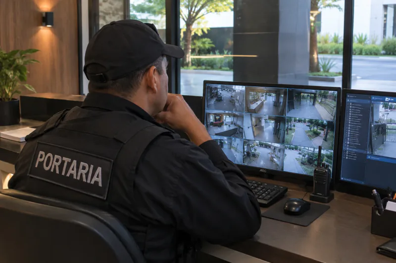 Operador acompanhando as câmeras de monitoramento na central